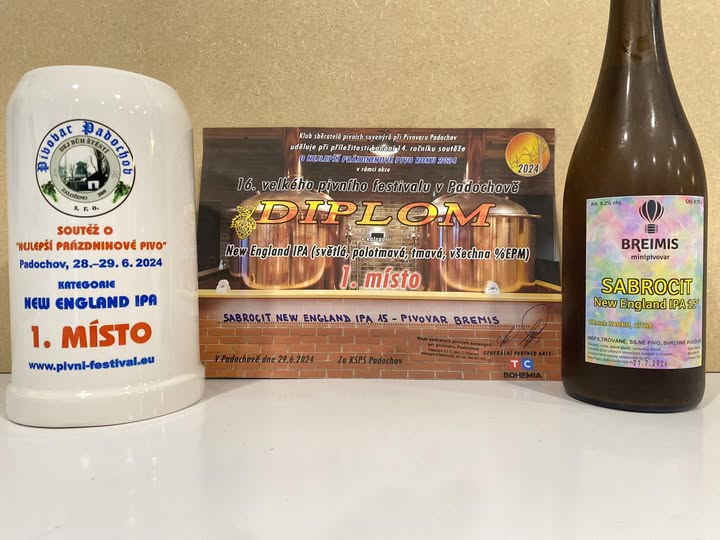Breimis award certificate - 1. místo, New England IPA, 16. Padochov beer festival, 29.6.2024